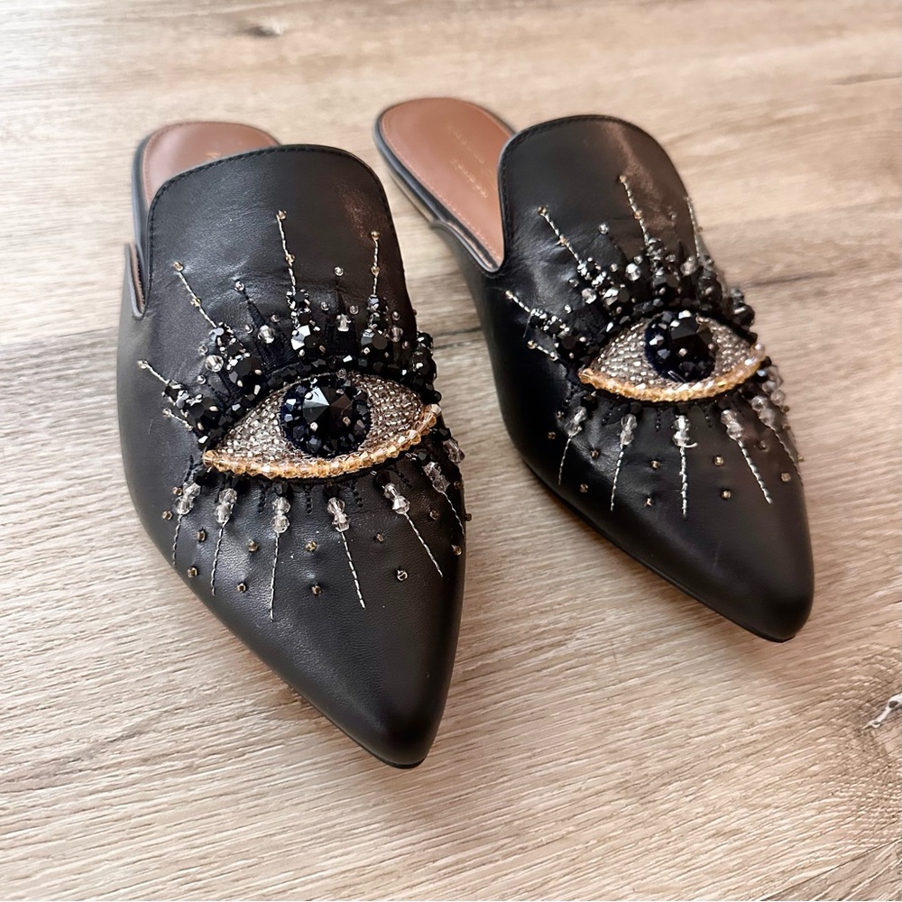 Kurt Geiger Embellished Mules Women’s Size 8 Pointed Toe Black Leather Slim Fit